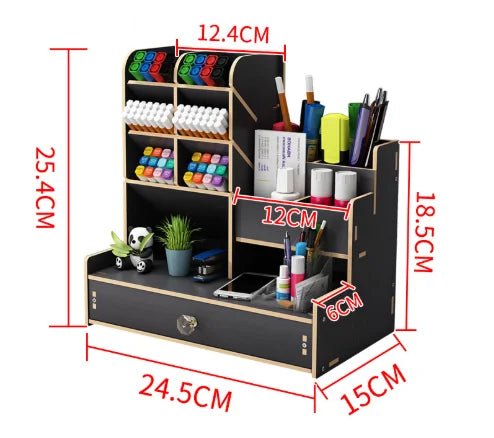 Organiseur de Bureau en Bois DIY – Porte-Stylos avec Tiroir, Grande Capacité, Noir ou Bois de Cerisier