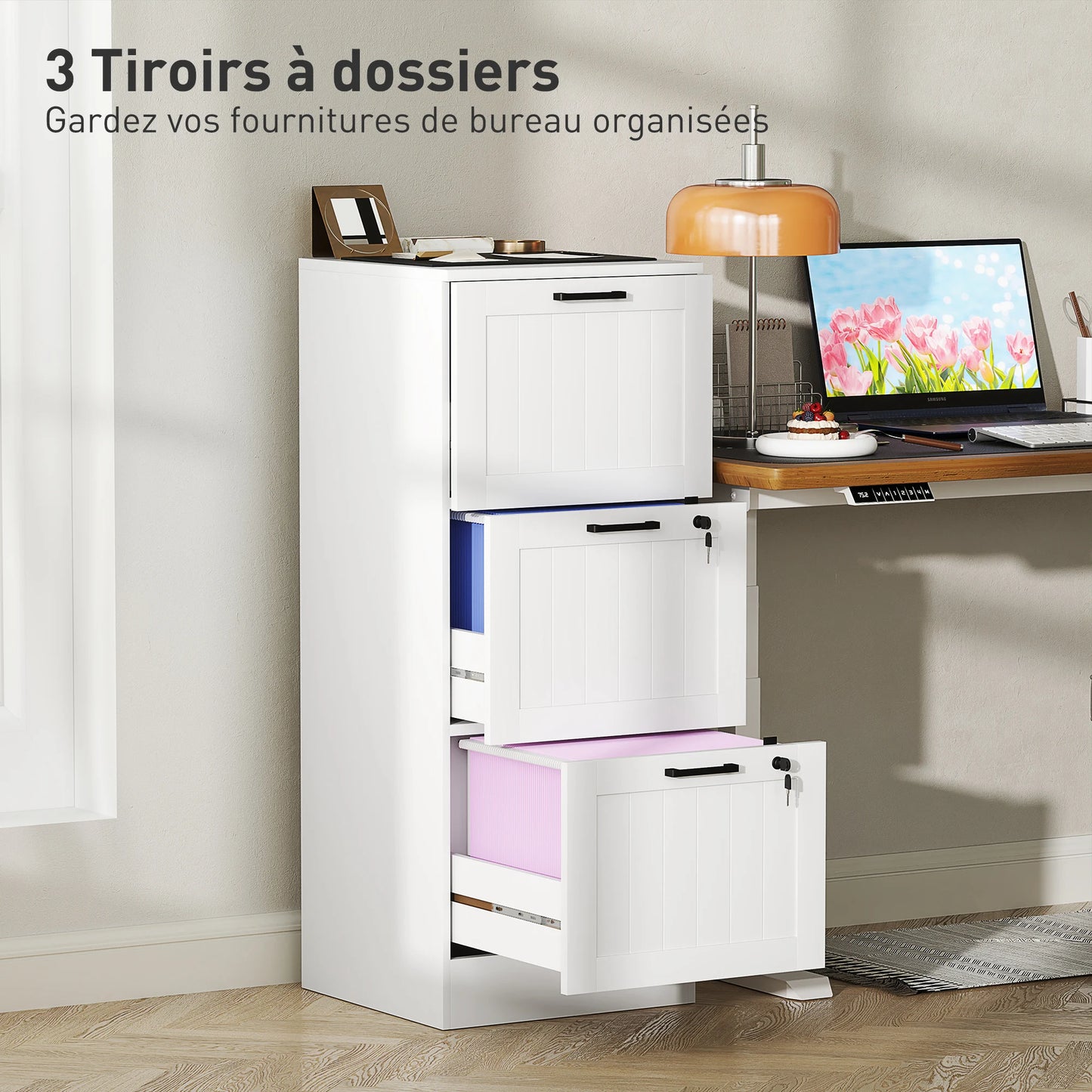 Caisson de Bureau HOMCOM 3 Tiroirs avec Serrures – Classeur A4, Support Imprimante, 40x40x101 cm Blanc