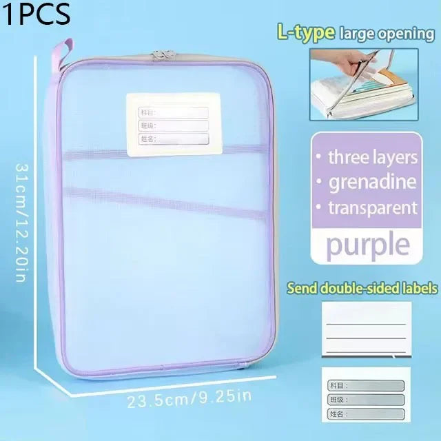 Pochette Rangement A4 Filet – Grande Capacité, Transparente, École & Bureau, Violet ou Bleu