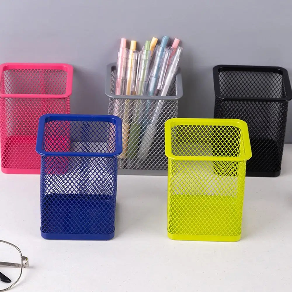 Pot à Crayons en Métal Maillé – Rond ou Carré, 5 Couleurs, Organiseur Bureau