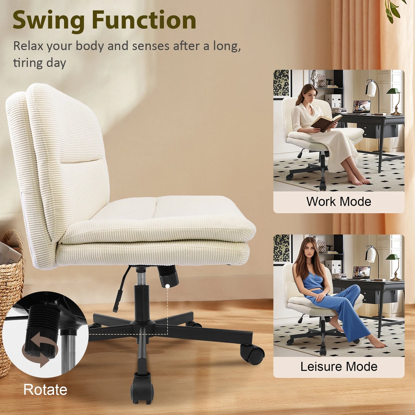 Chaise de Bureau Ergonomique Durrafy – Style Moderne, Roulettes Freins Auto, Pivotante, Ivoire
