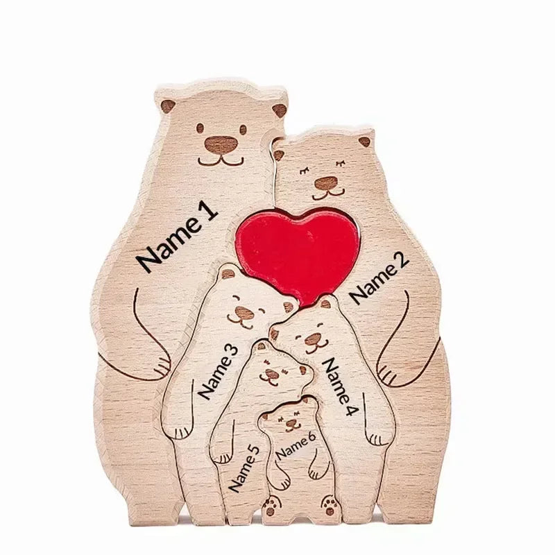 Puzzle en Bois Personnalisé Famille – Oursons avec Prénoms Gravés