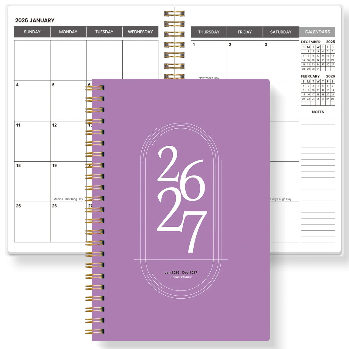 Agenda Planner A5 2026-2027 – Hebdomadaire & Mensuel, Spirale Dorée, 9 Coloris