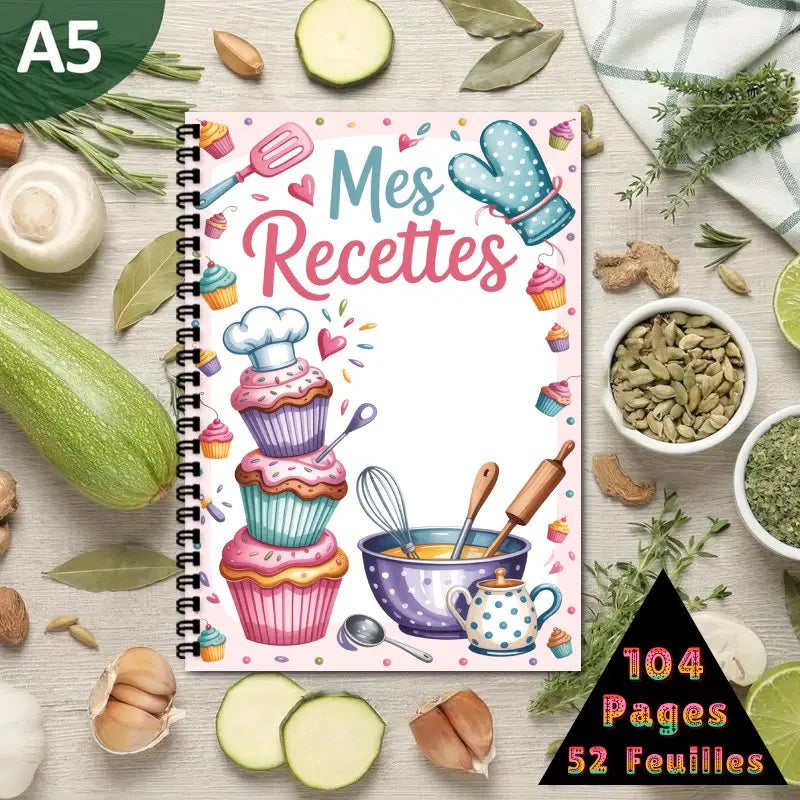 Cahier de Recettes A5 à Spirale – 100 Recettes, Thème Pâtisserie
