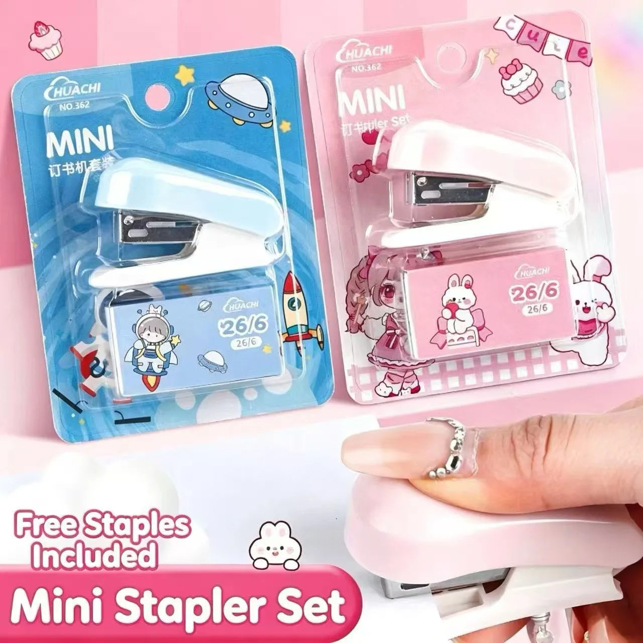 Mini Agrafeuse Kawaii Métal – 12 Feuilles, Agrafes 26/6 Incluses, Bureau & École, Bleu ou Rose