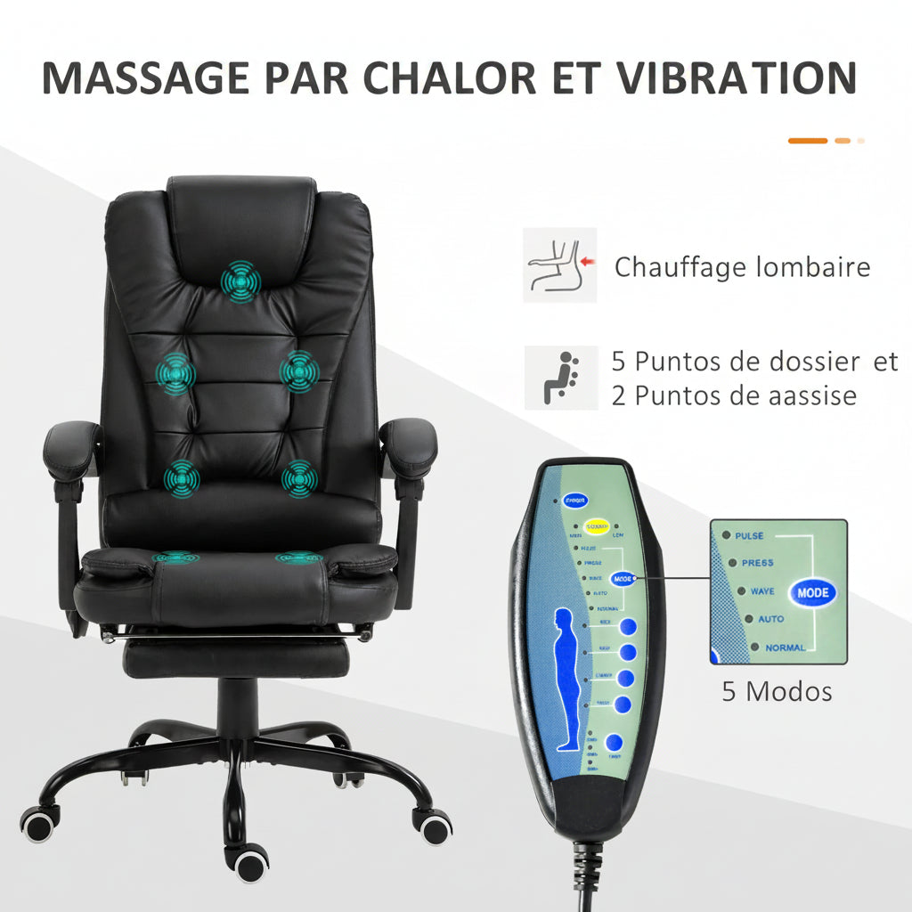 Chaise de Bureau Massante Vinsetto – 7 Points de Massage, Repose-pieds Rétractable, Dossier 155°