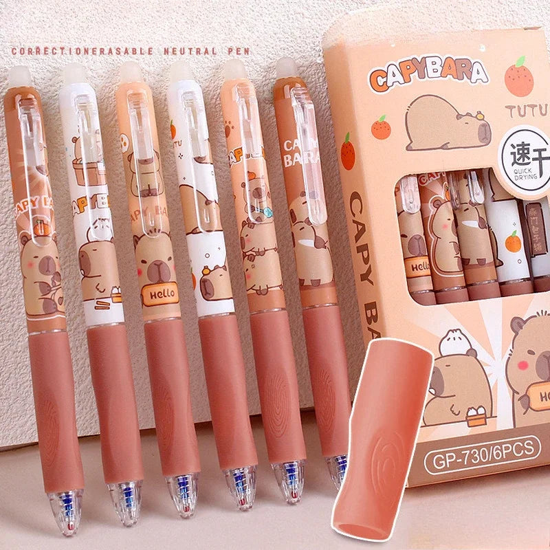 Lot de 6 Stylos Gel Effaçables Capybara – 0,5 mm, Encre Bleue & Noire, École & Bureau