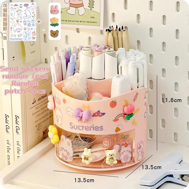 Porte-Stylos Rotatif avec Tiroir – Style Kawaii – Organiseur Bureau – 10 Coloris Pastel