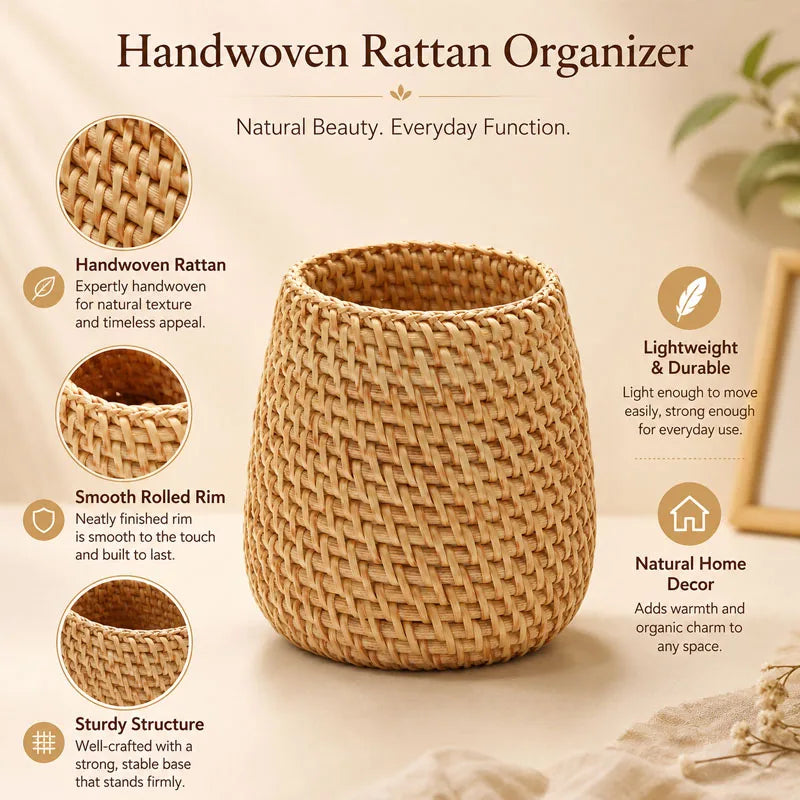 Organiseur Multifonction en Rotin Tressé – Style Bohème Naturel – Bureau, Cuisine & Salle de Bain