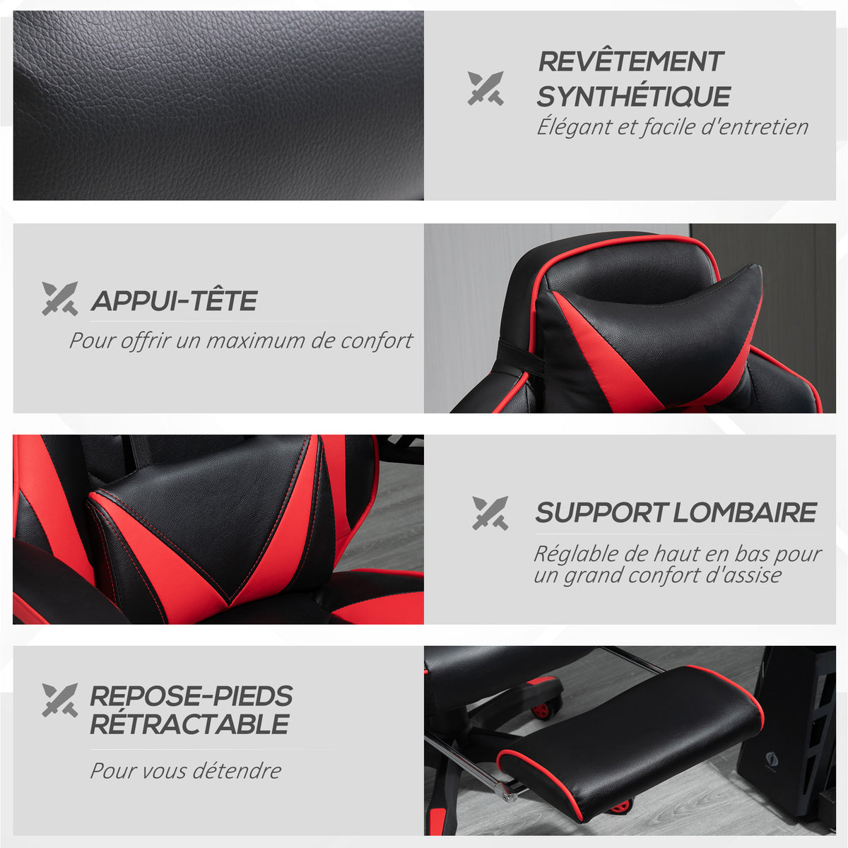 Fauteuil Gaming Racing Baquet – Repose-Pieds Rétractable, Coussins Têtedrière & Lombaires, Dossier 170°, Ergonomique, Rouge & Noir, 120kg