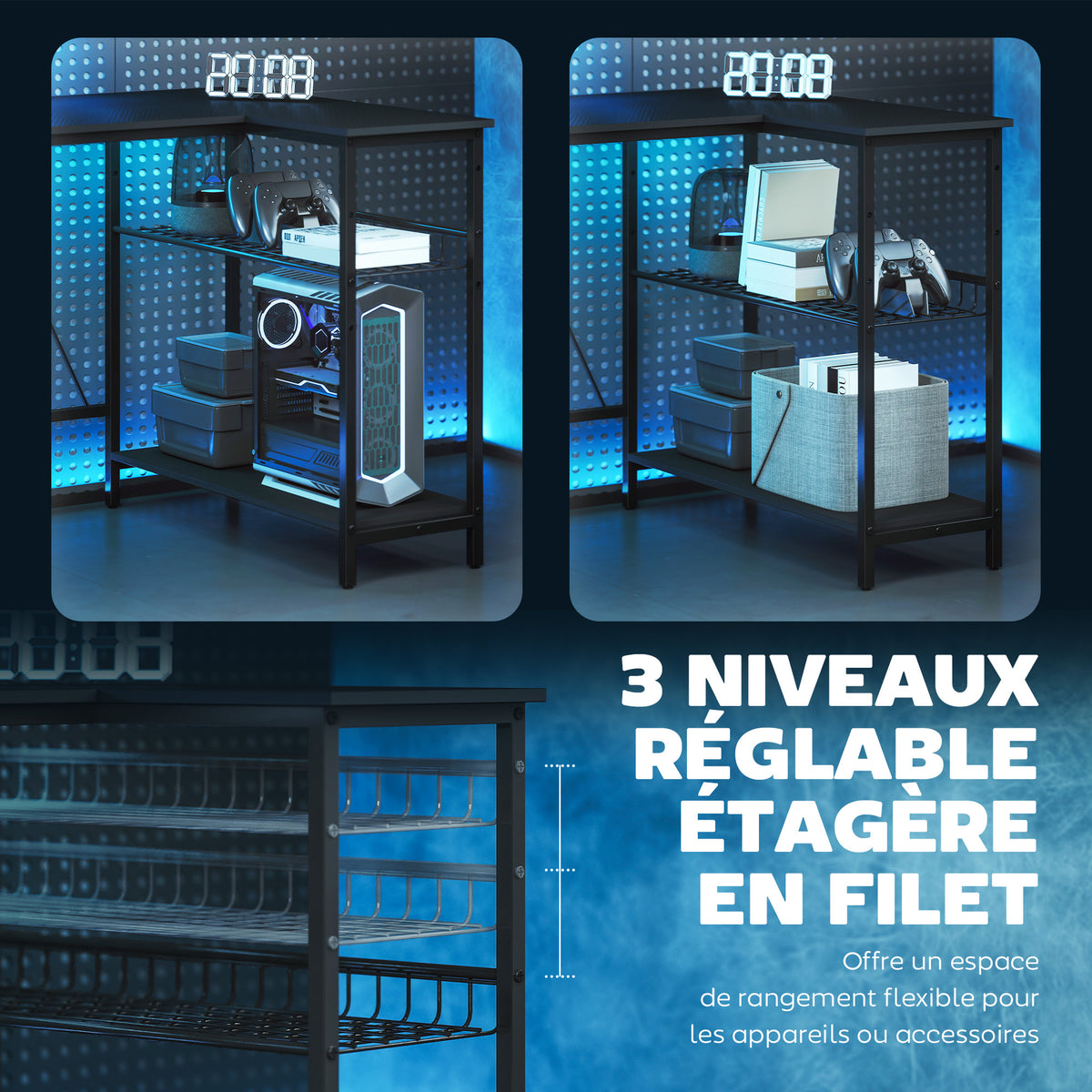 Bureau Gaming en L Réversible – Support Écran Intégré, Étagère Maille 3 Niveaux, 114.5x82x91.5cm, Acier & MDF, Noir