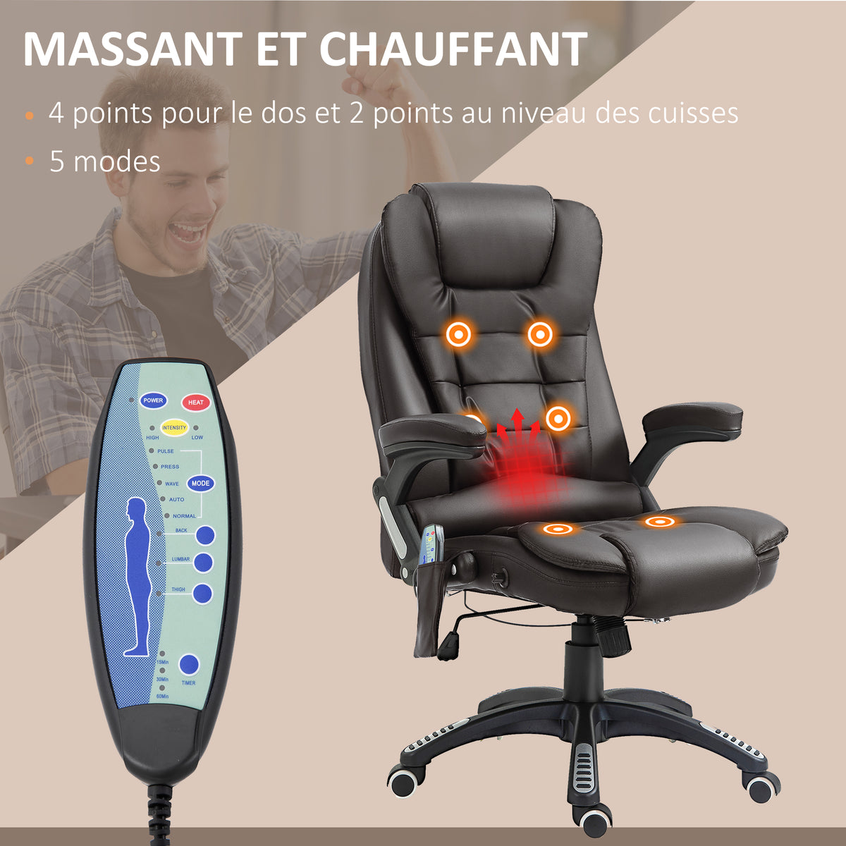 Fauteuil de Bureau Massant & Chauffant 6 Points – Ergonomique, Hauteur Réglable, Revêtement Synthétique, Brun, 120kg Max