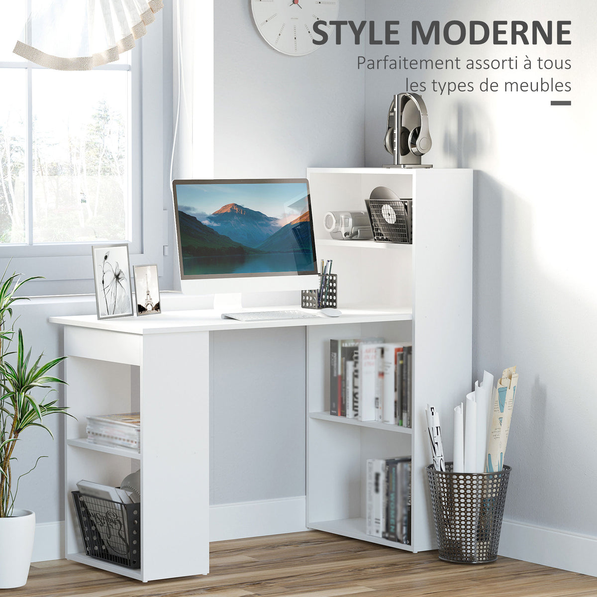 Bureau Informatique & Bibliothèque 2-en-1 – 120cm, 3 Niches & 2 Étagères, Panneaux Particules Veinage Bois, Blanc, Home Office