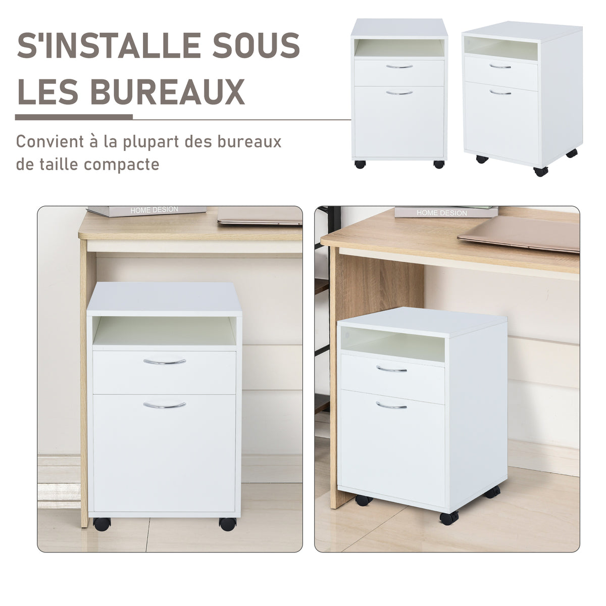 Caisson de Bureau sur Roulettes – Tiroir, Placard & Niche, 40x35x60cm, Design Moderne, Blanc, Home Office