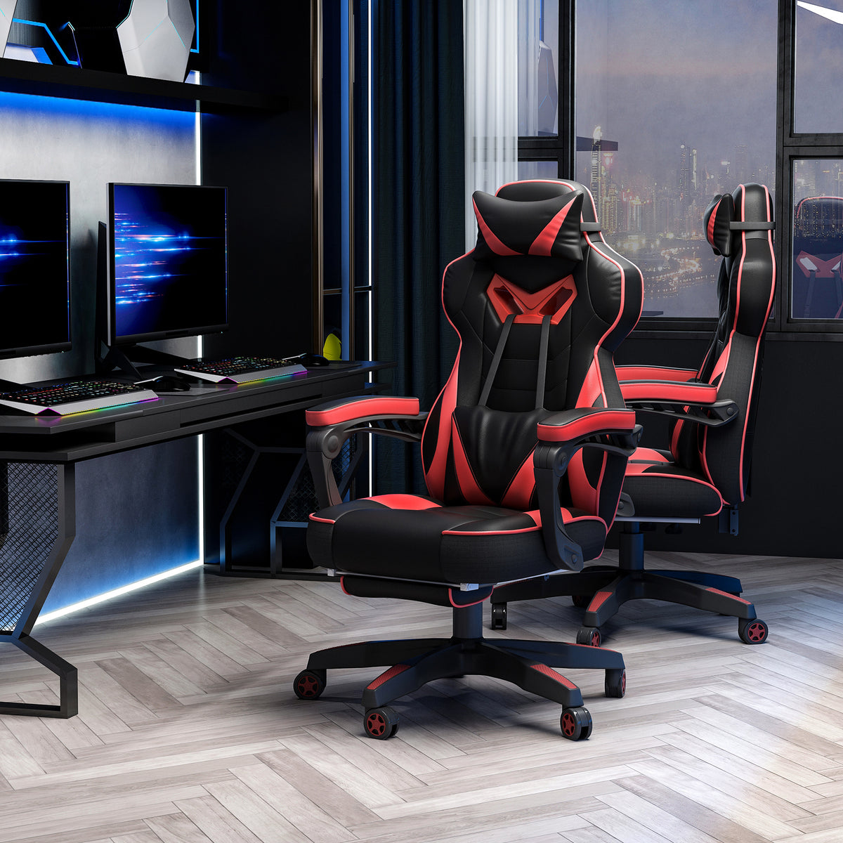 Fauteuil Gaming Racing Baquet – Repose-Pieds Rétractable, Coussins Têtedrière & Lombaires, Dossier 170°, Ergonomique, Rouge & Noir, 120kg
