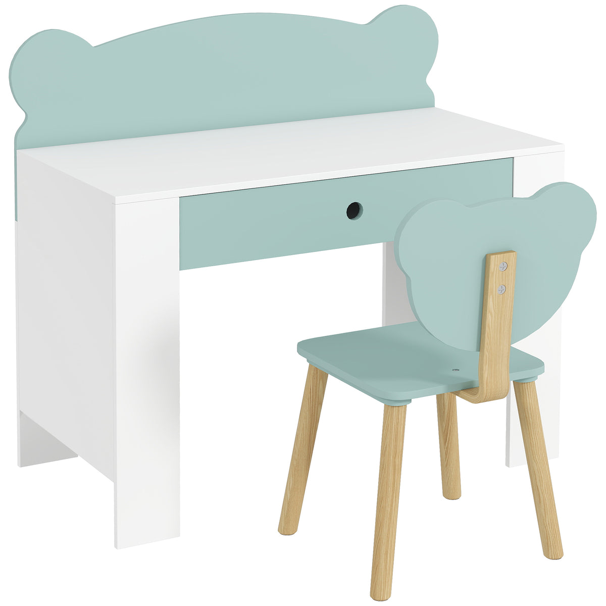 Ensemble Bureau & Chaise Enfant Vert – Dossier Ours Ludique, Tiroir, Plateau 80cm, MDF & Pin, 3-8 Ans, Norme EN71