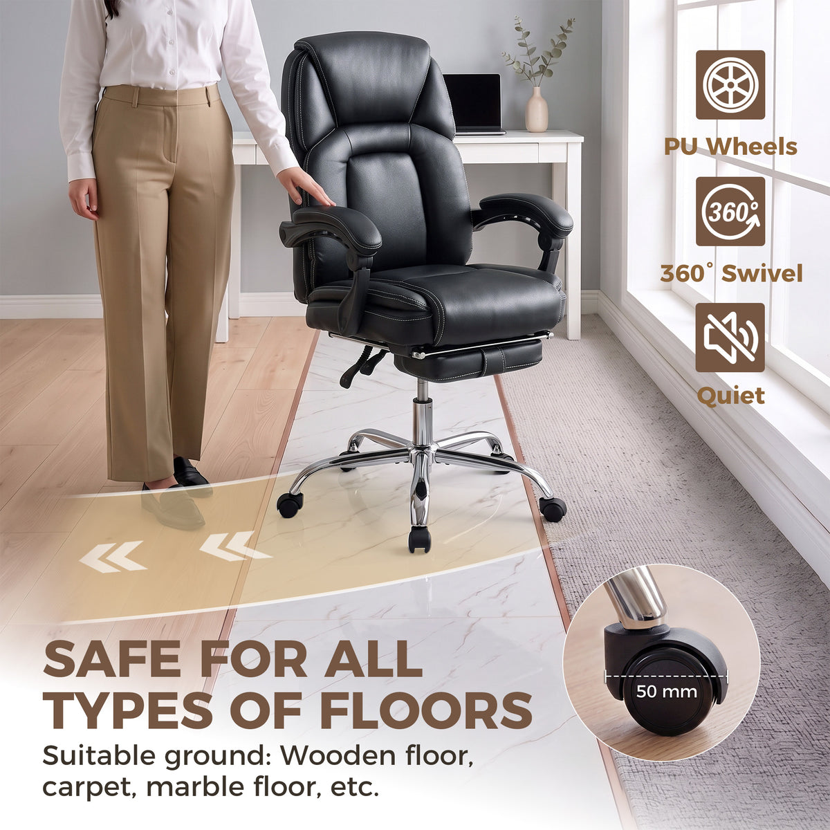 Fauteuil de Bureau Ergonomique Noir – Coussin Mousse 12cm & Ressorts Ensachés, Repose-Pieds, Inclinaison 135°, Hauteur Réglable, 120kg