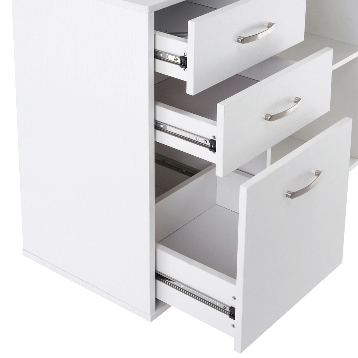 Bureau Modulable 2-en-1 – Angle ou Droit, 3 Tiroirs & 2 Niches, MDF Blanc, Petit Espace, Bureau & Salle à Manger