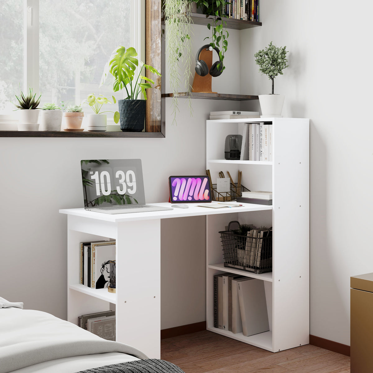 Bureau Informatique & Bibliothèque 2-en-1 – 120cm, 3 Niches & 2 Étagères, Panneaux Particules Veinage Bois, Blanc, Home Office