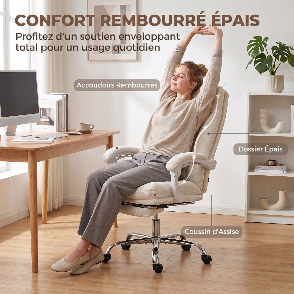 Fauteuil de Bureau Ergonomique Crème – Tissu Chenille Doux, Coussin 15cm, Repose-Pieds, Inclinaison 135°, Accoudoirs Réglables, 120kg