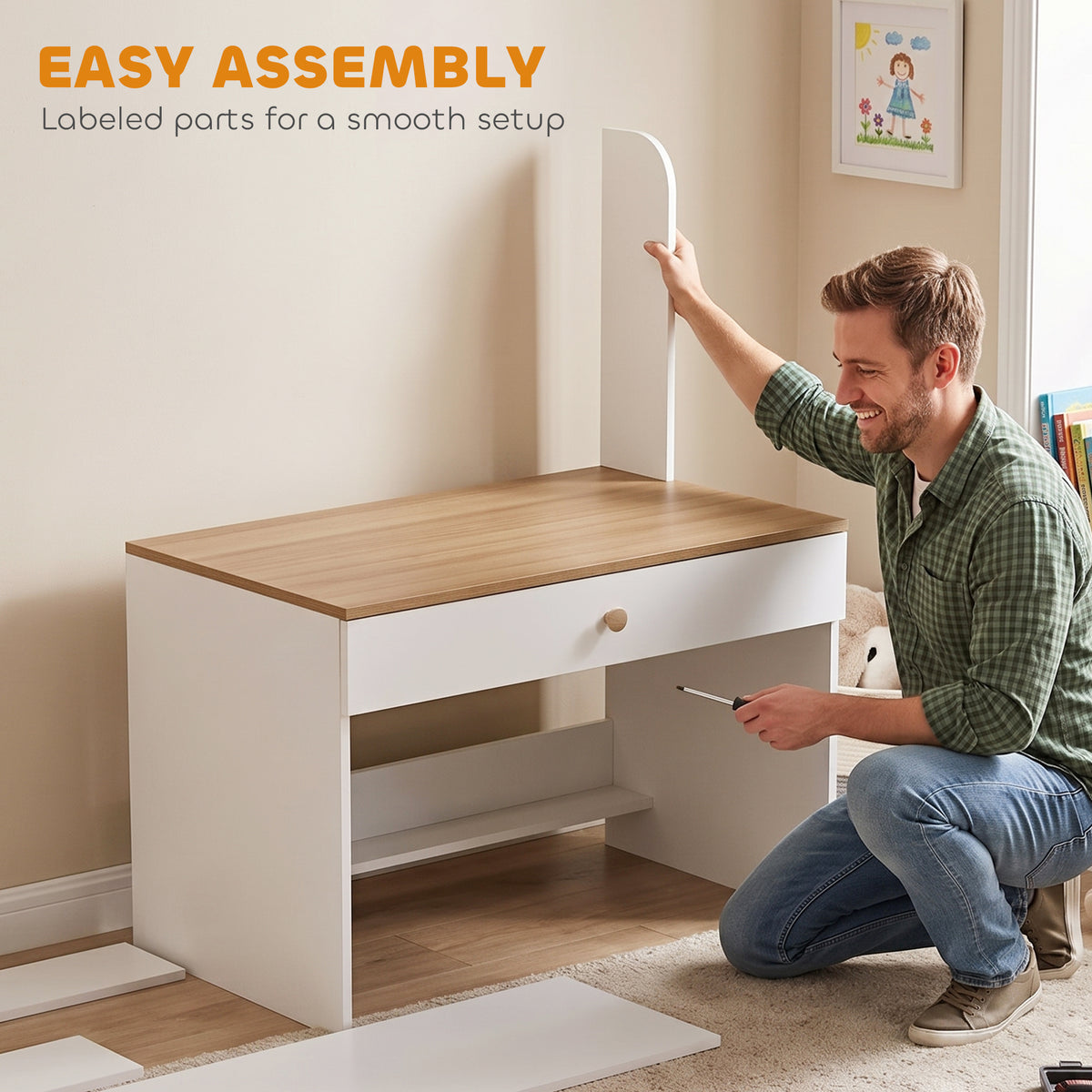 Bureau Enfant Blanc Effet Bois – Tiroir & Étagères Ouvertes, Plateau 80x48cm, MDF Mélaminé, 3-8 Ans, Norme EN71