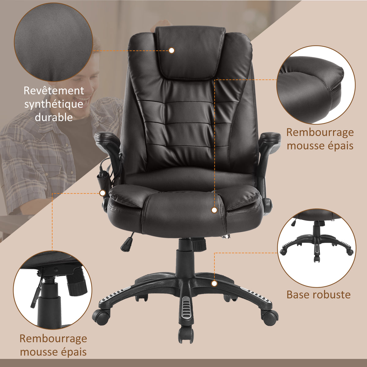 Fauteuil de Bureau Massant & Chauffant 6 Points – Ergonomique, Hauteur Réglable, Revêtement Synthétique, Brun, 120kg Max