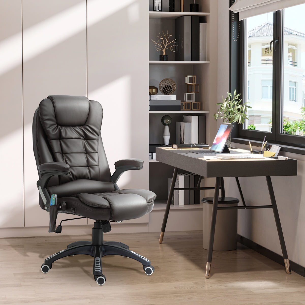 Fauteuil de Bureau Massant & Chauffant 6 Points – Ergonomique, Hauteur Réglable, Revêtement Synthétique, Brun, 120kg Max