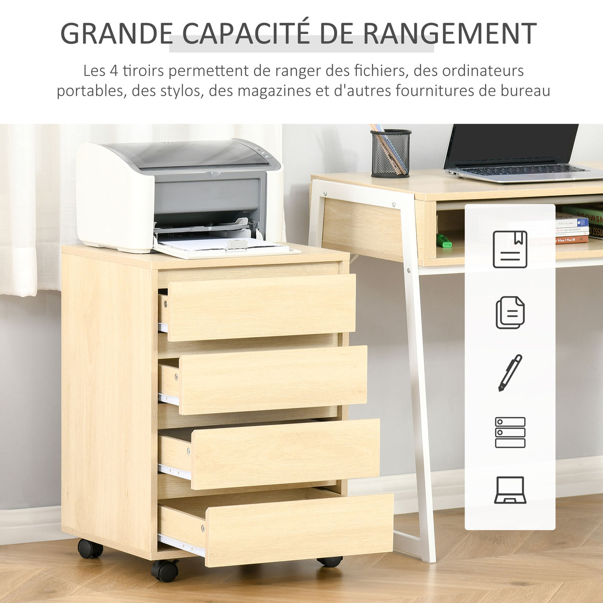 Caisson de Bureau sur Roulettes – 4 Tiroirs Coulissants, MDF Bois Naturel, Anti-Basculement, 46x40x65cm, Home Office