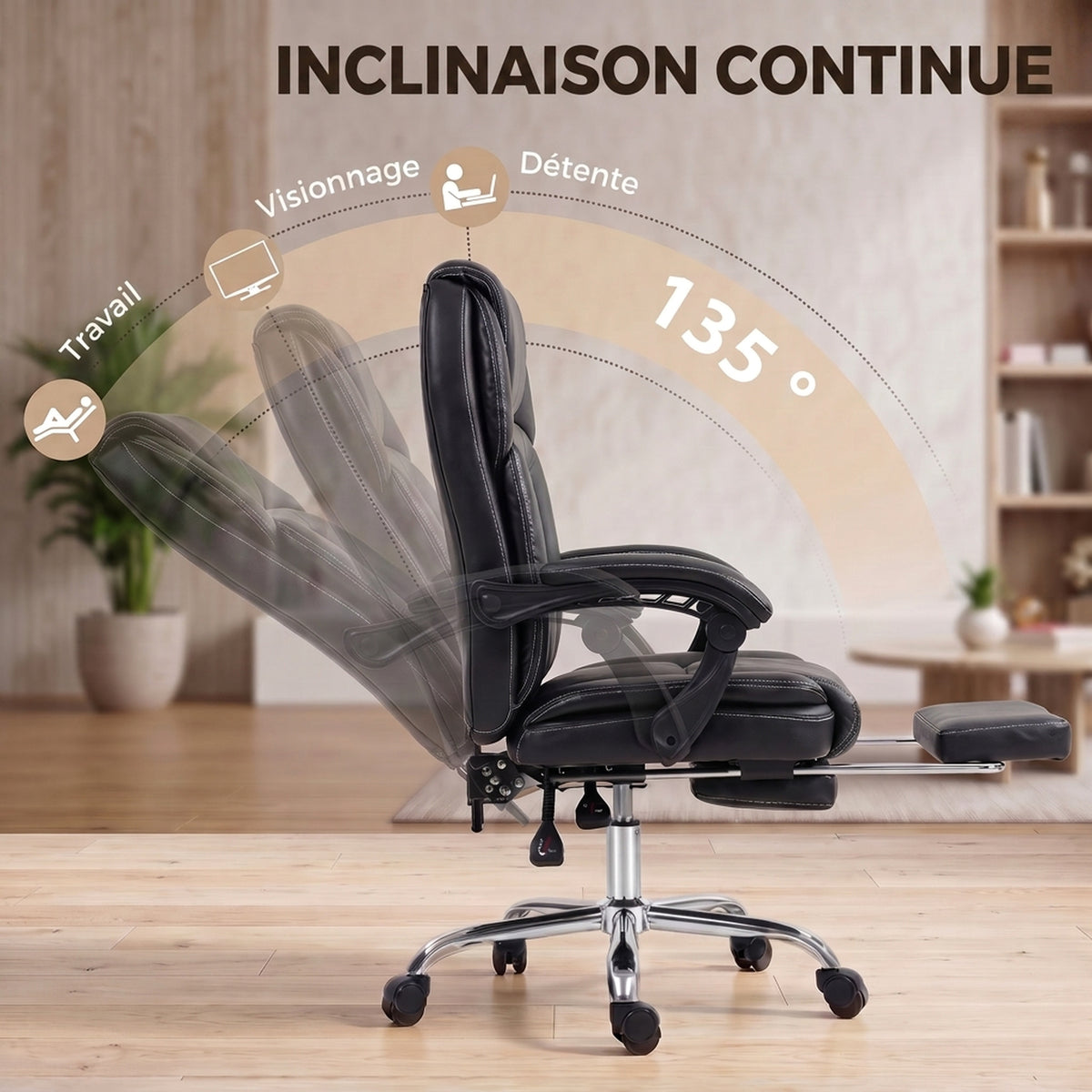 Fauteuil de Bureau Ergonomique Noir – Coussin Mousse 12cm & Ressorts Ensachés, Repose-Pieds, Inclinaison 135°, Hauteur Réglable, 120kg