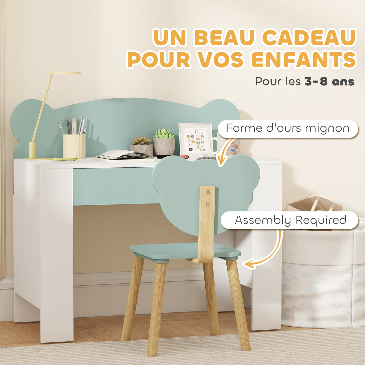 Ensemble Bureau & Chaise Enfant Vert – Dossier Ours Ludique, Tiroir, Plateau 80cm, MDF & Pin, 3-8 Ans, Norme EN71