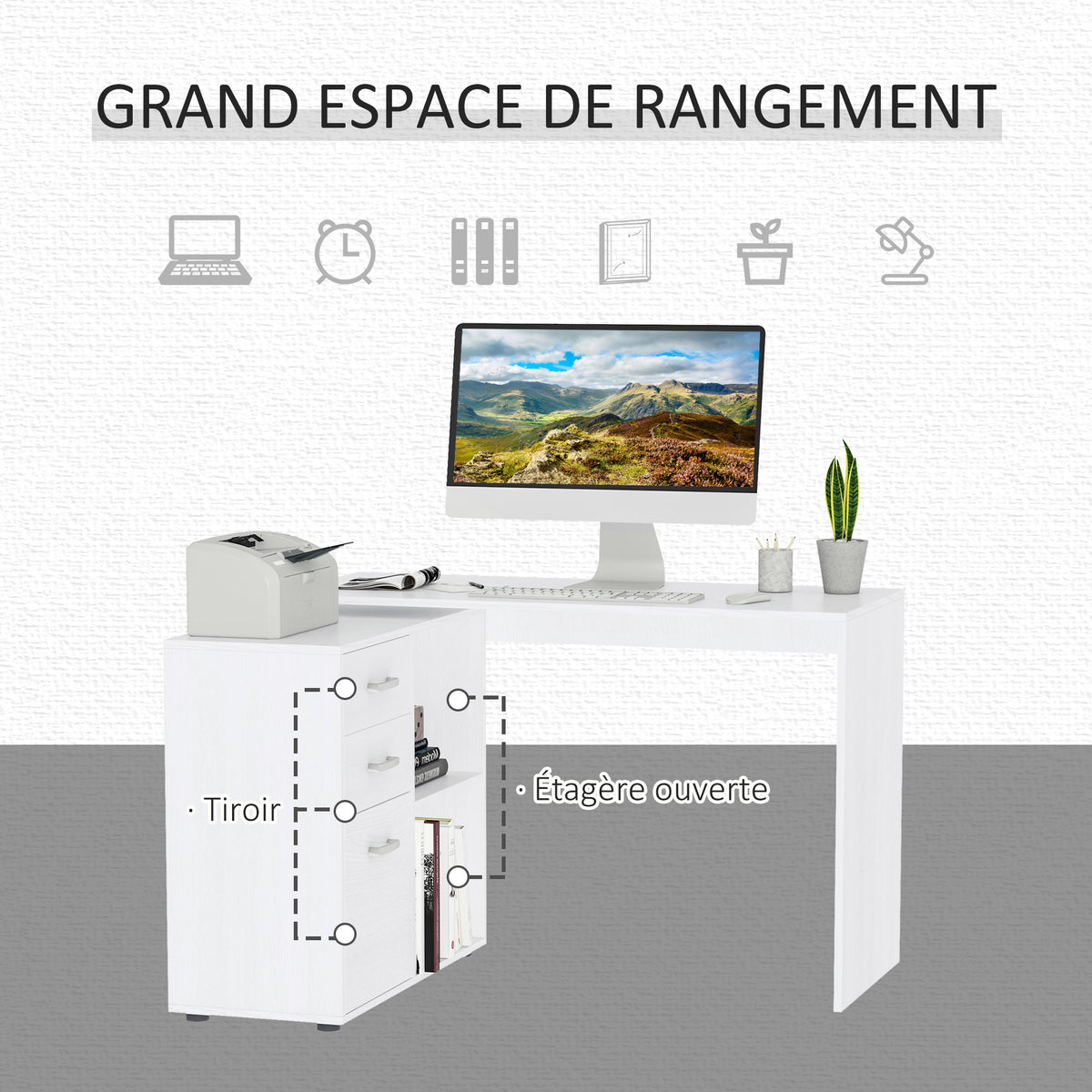 Bureau Modulable 2-en-1 – Angle ou Droit, 3 Tiroirs & 2 Niches, MDF Blanc, Petit Espace, Bureau & Salle à Manger