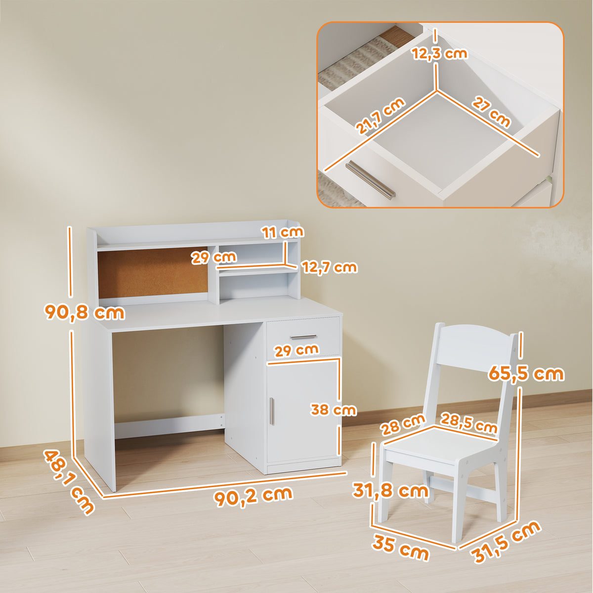 Ensemble Bureau & Chaise Enfant Blanc – Tableau Liège, Tiroir, Placard & Compartiments, MDF, 3-12 Ans, Norme EN71
