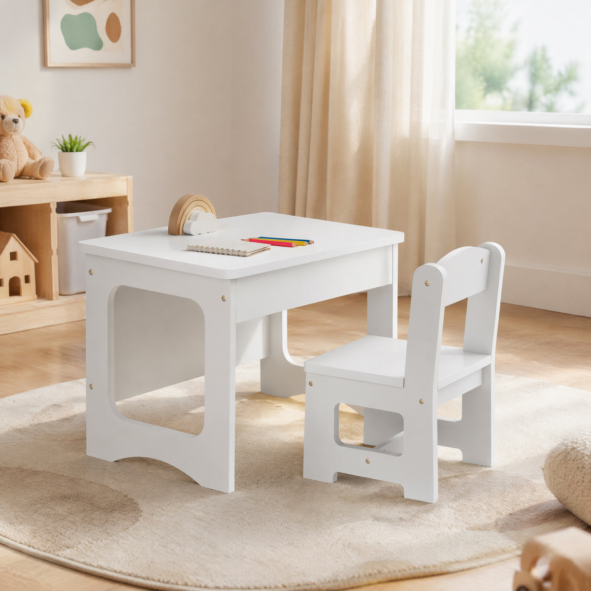 Ensemble Bureau & Chaise Enfant – Plateau Réversible Tableau Noir 2-en-1, MDF E1, Bords Arrondis, Blanc, 3-6 Ans