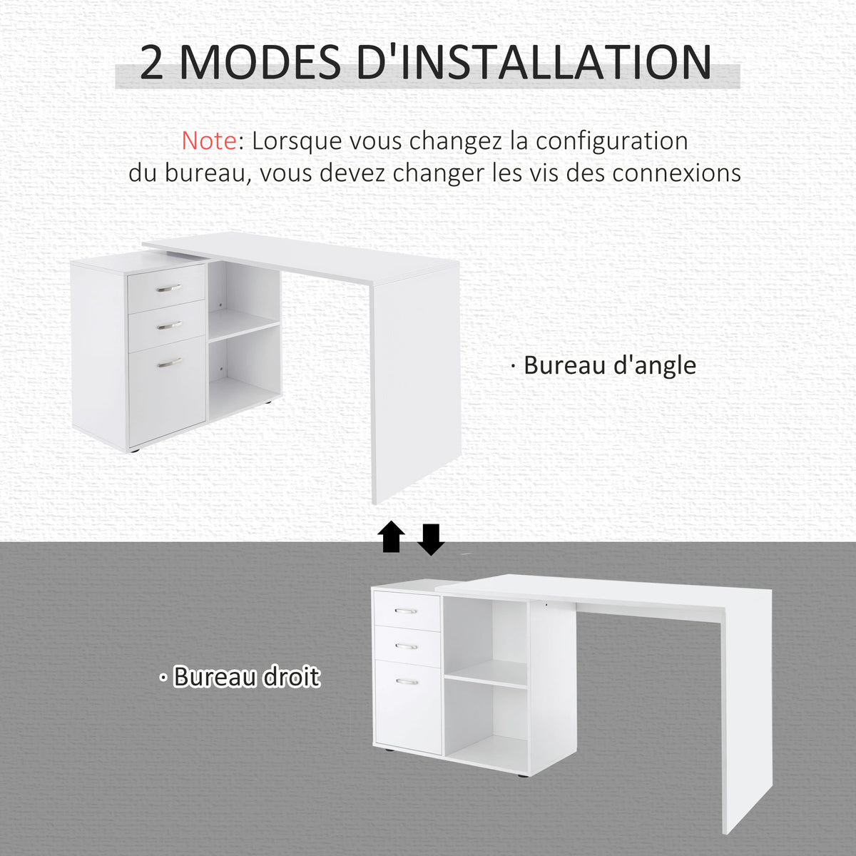 Bureau Modulable 2-en-1 – Angle ou Droit, 3 Tiroirs & 2 Niches, MDF Blanc, Petit Espace, Bureau & Salle à Manger