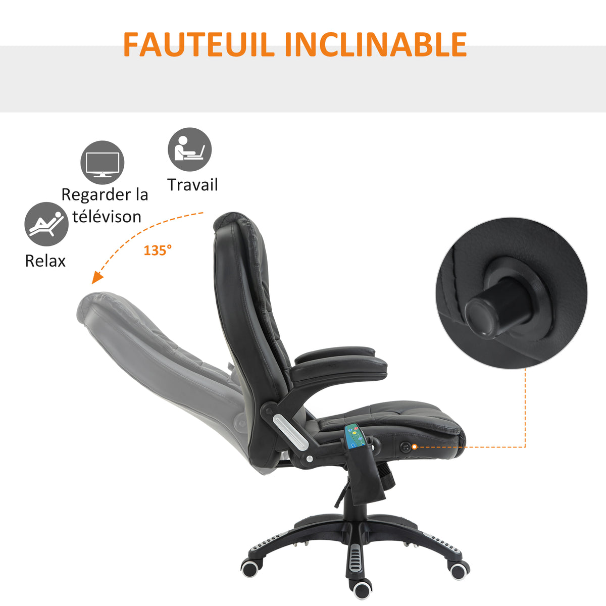 Fauteuil de Bureau Massant & Chauffant 6 Points – Ergonomique, Hauteur Réglable, Revêtement Synthétique, Noir, 120kg Max