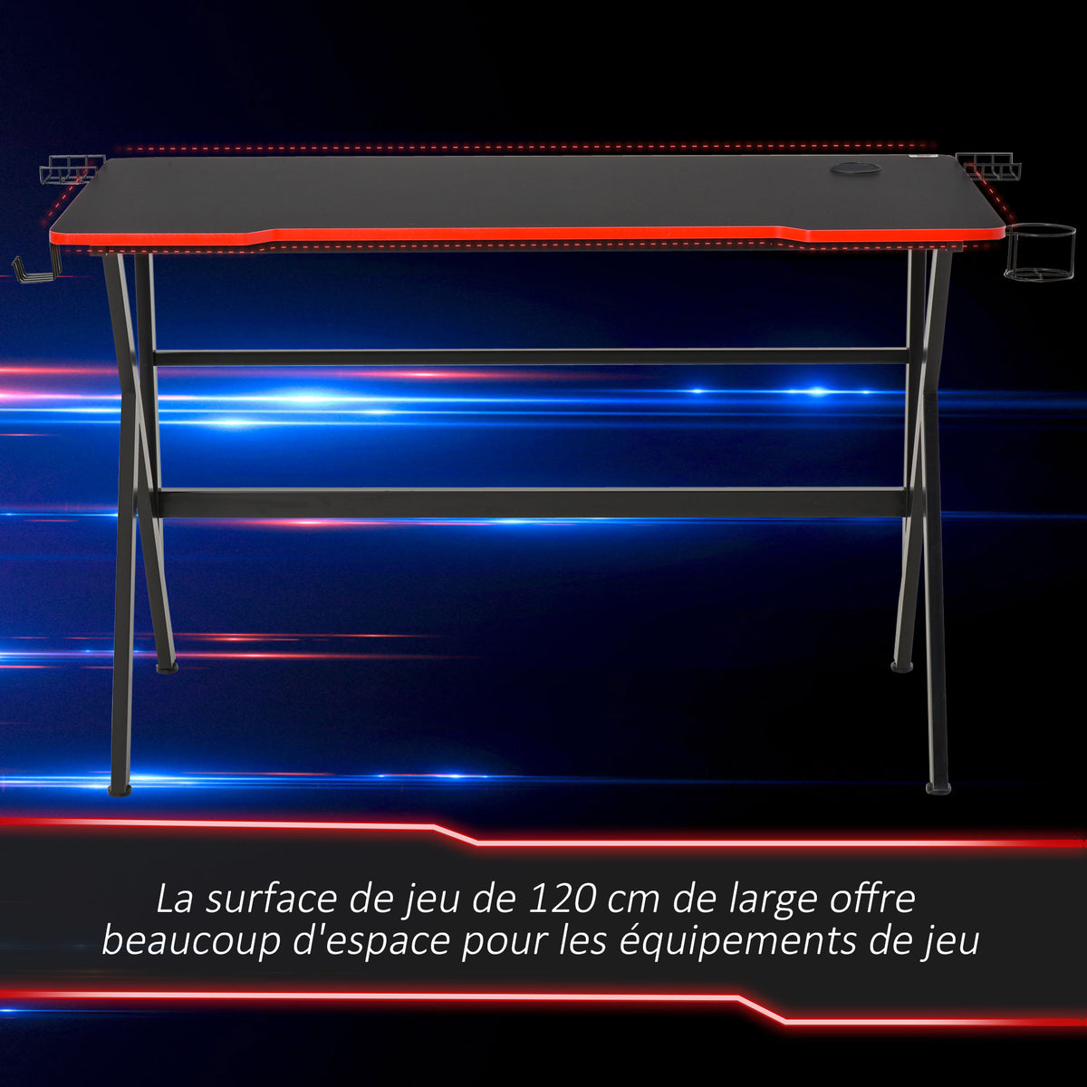 Bureau Gaming Racing 120cm – Plateau Texture Carbone, Support Casque, Brackets & Porte-Gobelet, Châssis Métal, Rouge & Noir