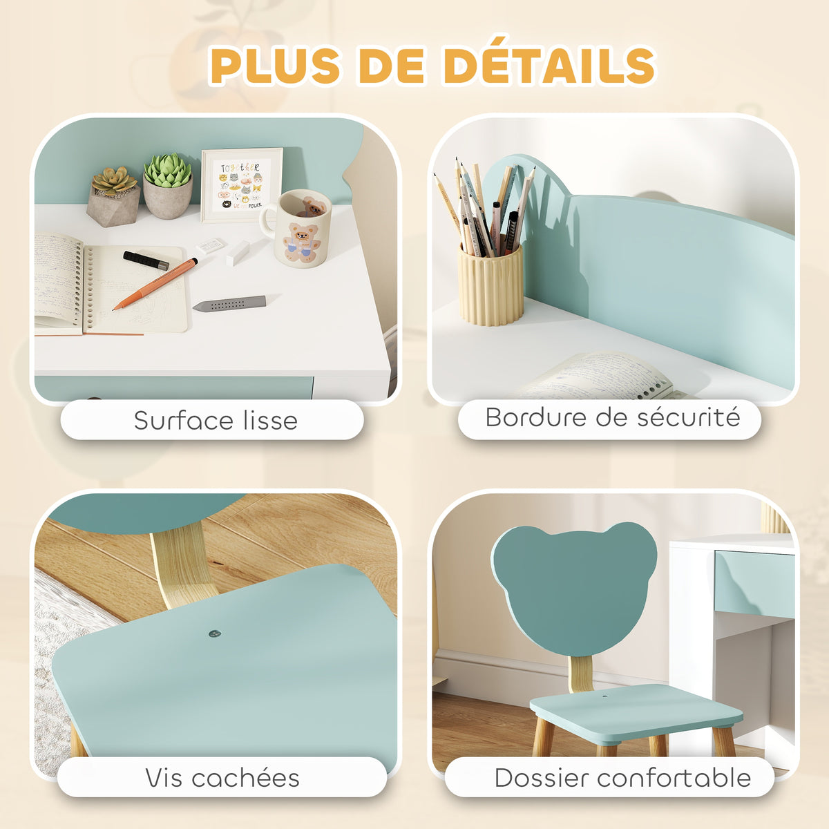Ensemble Bureau & Chaise Enfant Vert – Dossier Ours Ludique, Tiroir, Plateau 80cm, MDF & Pin, 3-8 Ans, Norme EN71