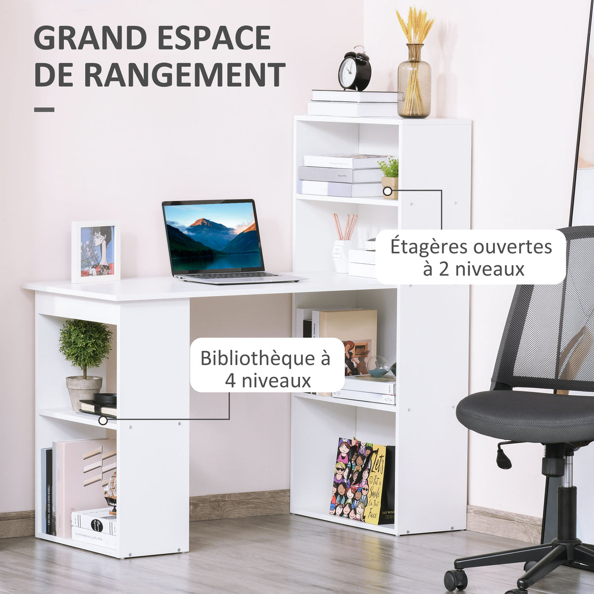 Bureau Informatique & Bibliothèque 2-en-1 – 120cm, 3 Niches & 2 Étagères, Panneaux Particules Veinage Bois, Blanc, Home Office