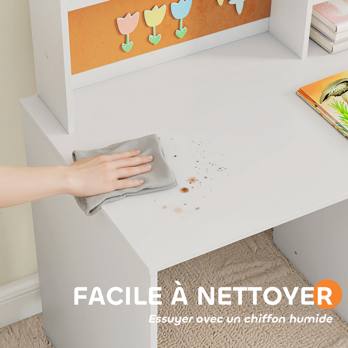 Ensemble Bureau & Chaise Enfant Blanc – Tableau Liège, Tiroir, Placard & Compartiments, MDF, 3-12 Ans, Norme EN71