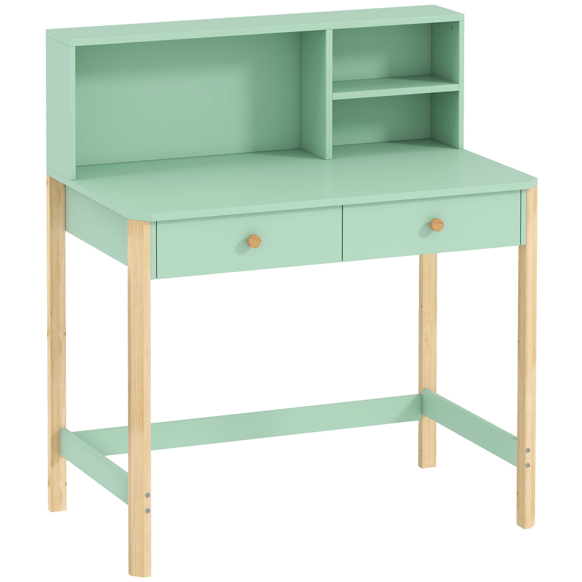 Bureau Enfant en Bois – 2 Tiroirs & 3 Compartiments, Plateau 90x37cm, MDF & Pin, Vert, 5-12 Ans, Norme EN71