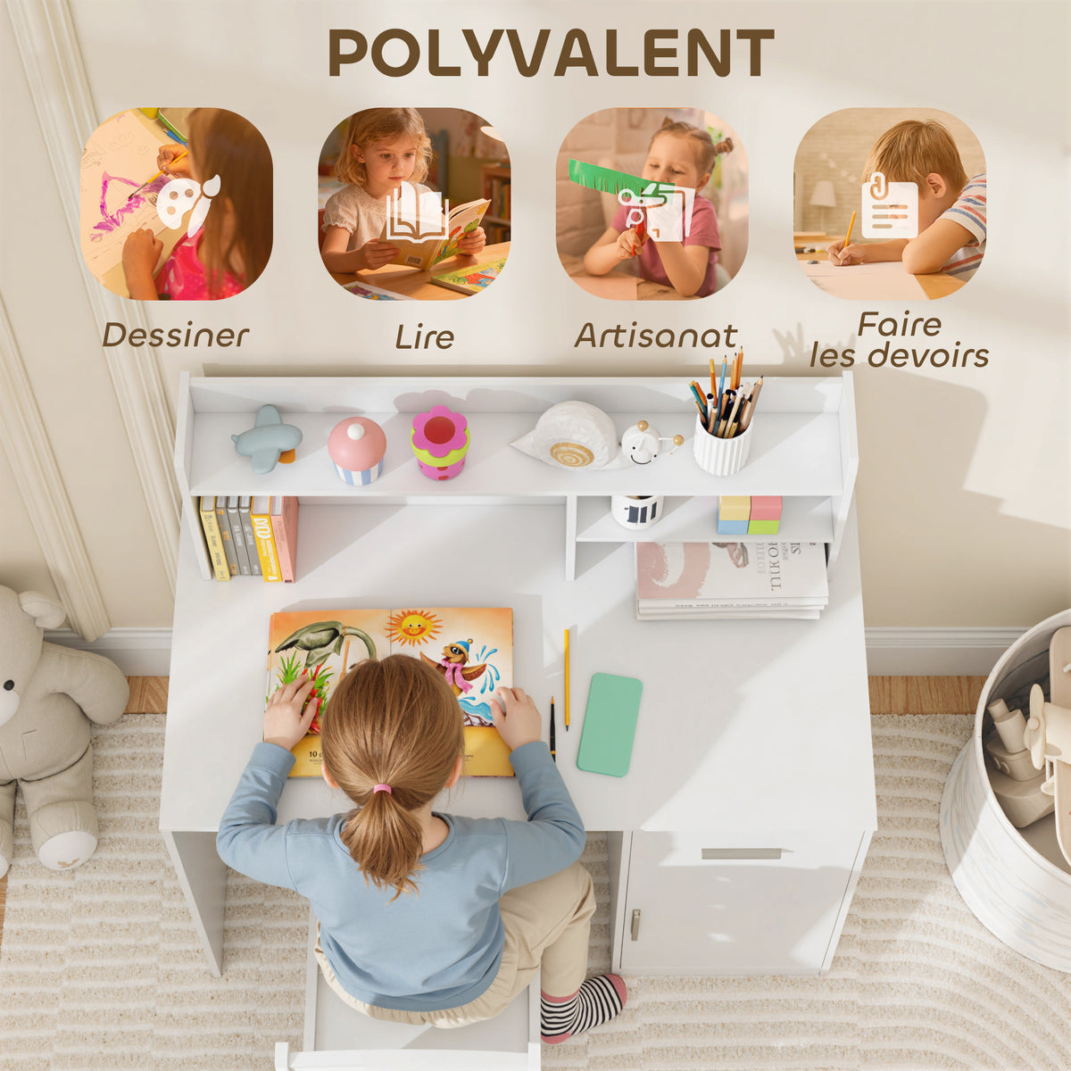 Ensemble Bureau & Chaise Enfant Blanc – Tableau Liège, Tiroir, Placard & Compartiments, MDF, 3-12 Ans, Norme EN71
