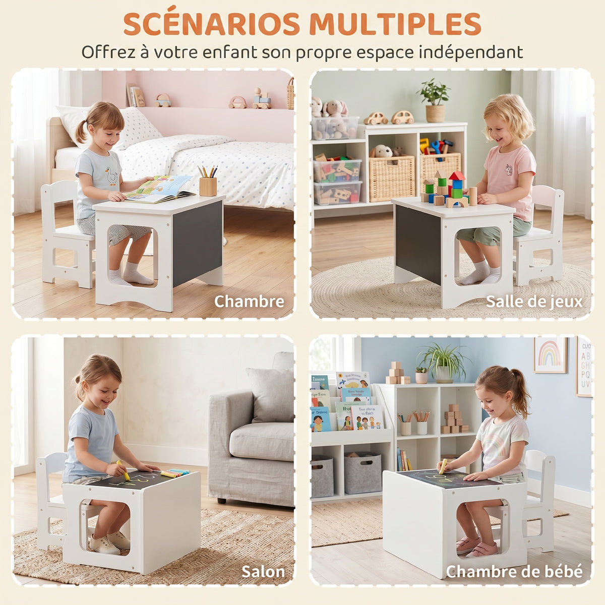 Ensemble Bureau & Chaise Enfant – Plateau Réversible Tableau Noir 2-en-1, MDF E1, Bords Arrondis, Blanc, 3-6 Ans