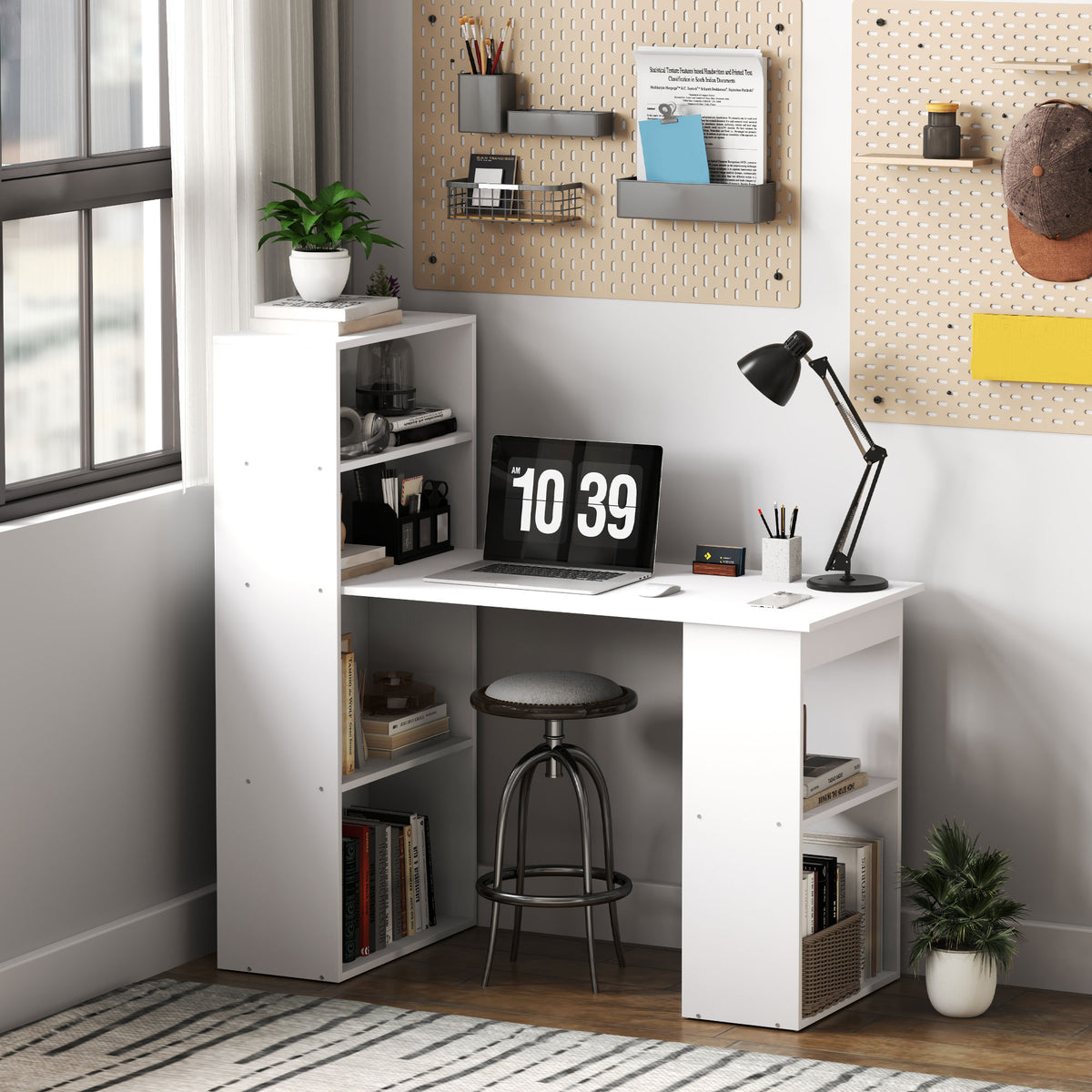 Bureau Informatique & Bibliothèque 2-en-1 – 120cm, 3 Niches & 2 Étagères, Panneaux Particules Veinage Bois, Blanc, Home Office