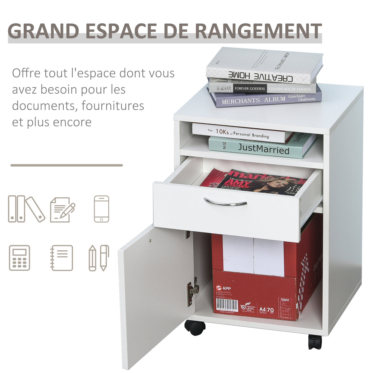Caisson de Bureau sur Roulettes – Tiroir, Placard & Niche, 40x35x60cm, Design Moderne, Blanc, Home Office