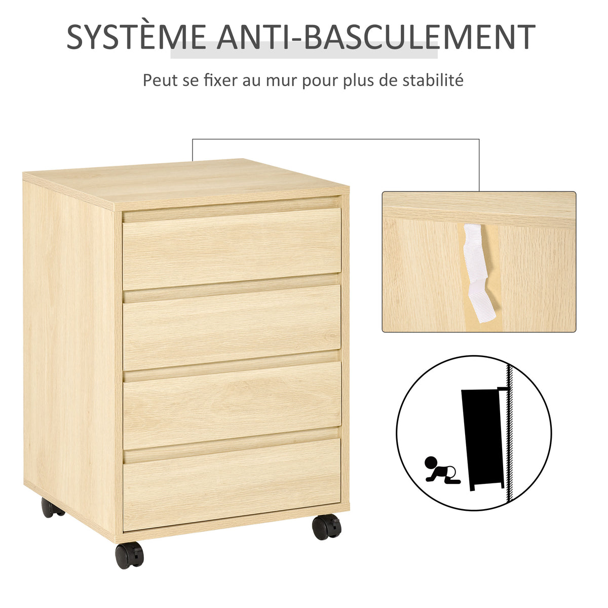 Caisson de Bureau sur Roulettes – 4 Tiroirs Coulissants, MDF Bois Naturel, Anti-Basculement, 46x40x65cm, Home Office