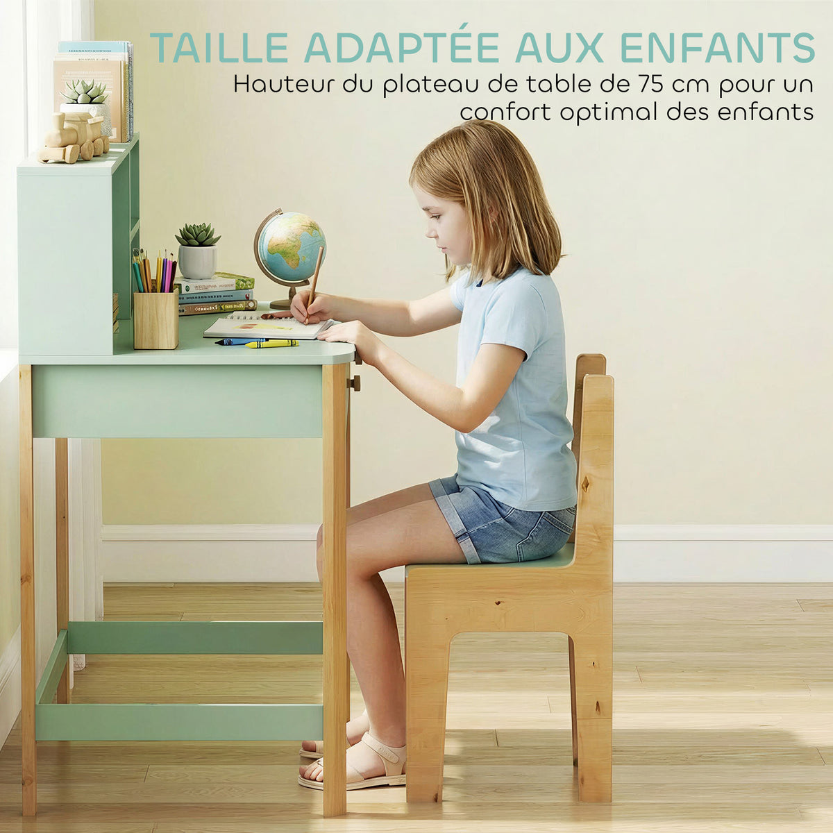 Bureau Enfant en Bois – 2 Tiroirs & 3 Compartiments, Plateau 90x37cm, MDF & Pin, Vert, 5-12 Ans, Norme EN71