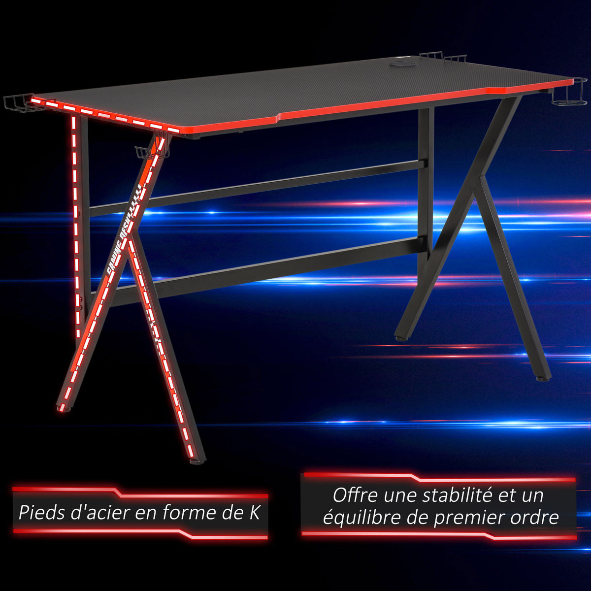 Bureau Gaming Racing 120cm – Plateau Texture Carbone, Support Casque, Brackets & Porte-Gobelet, Châssis Métal, Rouge & Noir