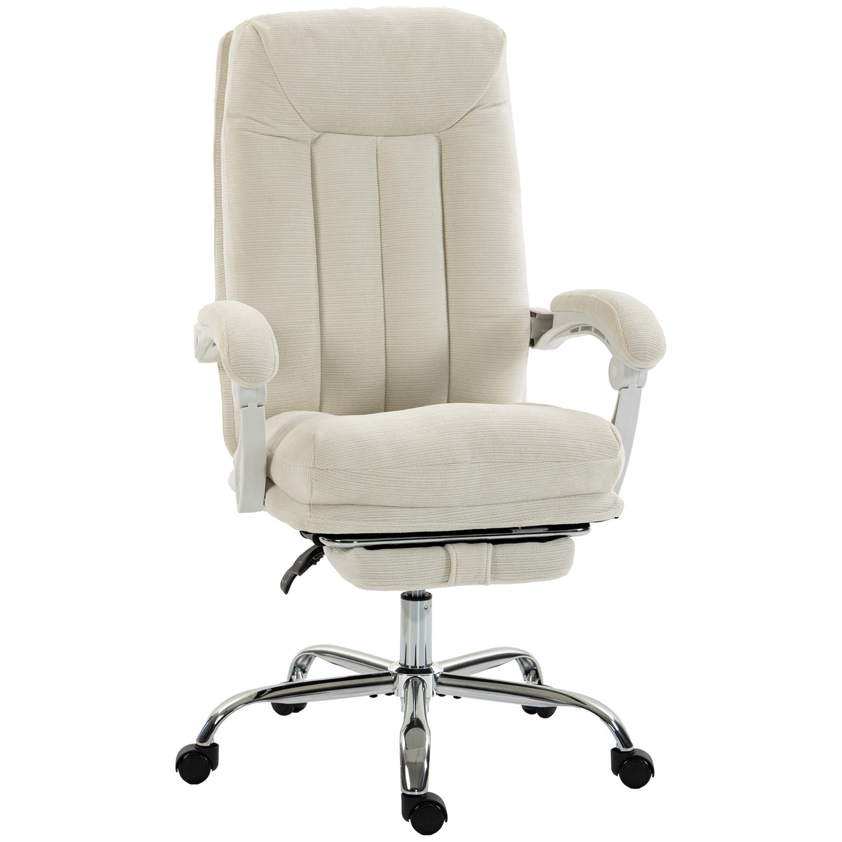 Fauteuil de Bureau Ergonomique Crème – Tissu Chenille Doux, Coussin 15cm, Repose-Pieds, Inclinaison 135°, Accoudoirs Réglables, 120kg
