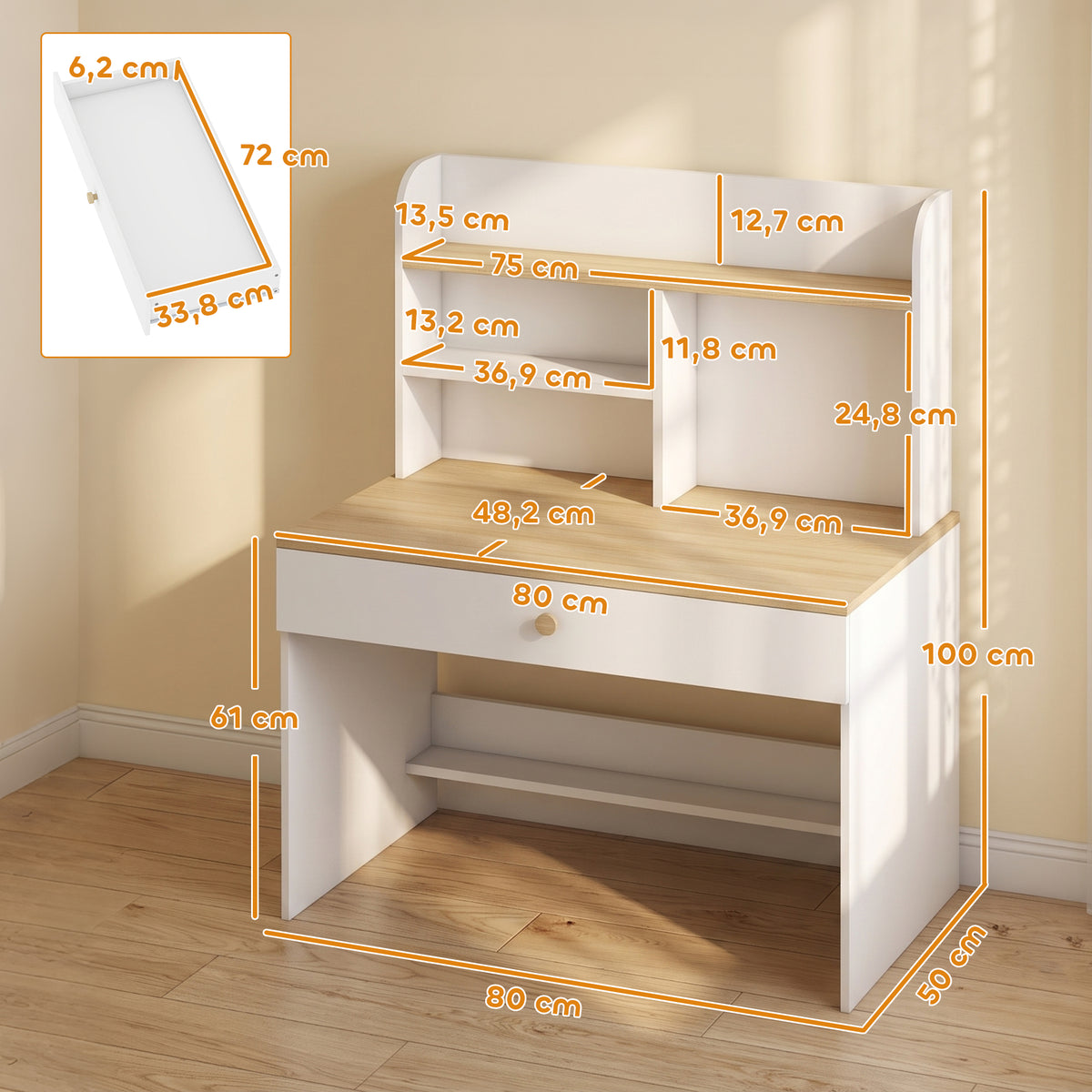 Bureau Enfant Blanc Effet Bois – Tiroir & Étagères Ouvertes, Plateau 80x48cm, MDF Mélaminé, 3-8 Ans, Norme EN71