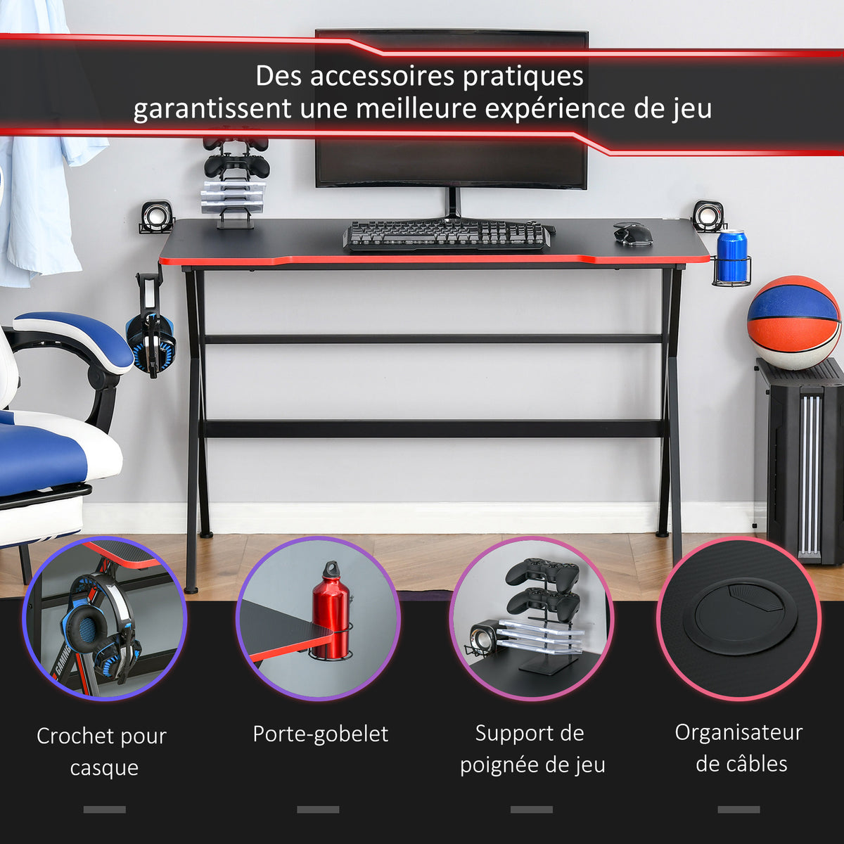Bureau Gaming Racing 120cm – Plateau Texture Carbone, Support Casque, Brackets & Porte-Gobelet, Châssis Métal, Rouge & Noir